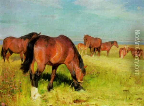 Horses In A Field Oil Painting - Soren Jorgensen Lund