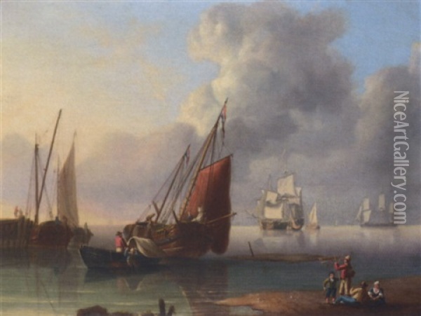 Unloading The Catch At The End Of The Day, With Merchantmen At Anchor Beyond Oil Painting - Charles Martin Powell