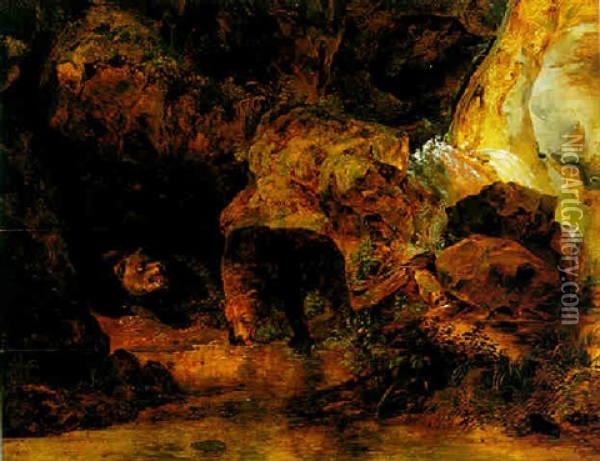 Zwei Baren An Einem Wasserfall Oil Painting - Friedrich Gauermann