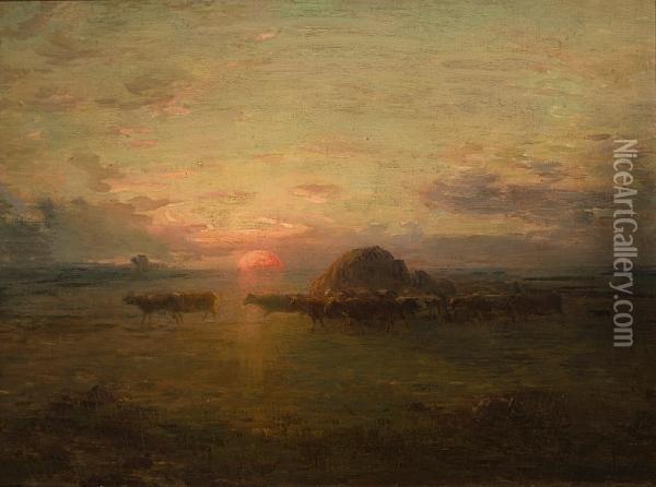 Sunset Over The Fields Oil Painting - Jean-Francois Millet