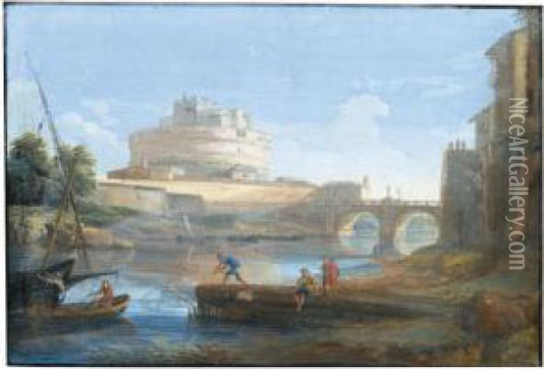 View Of Castel Sant' Angelo With Figures Fishing In The Tiber In The Foreground Oil Painting - Jan Frans Van Bloemen (Orizzonte)