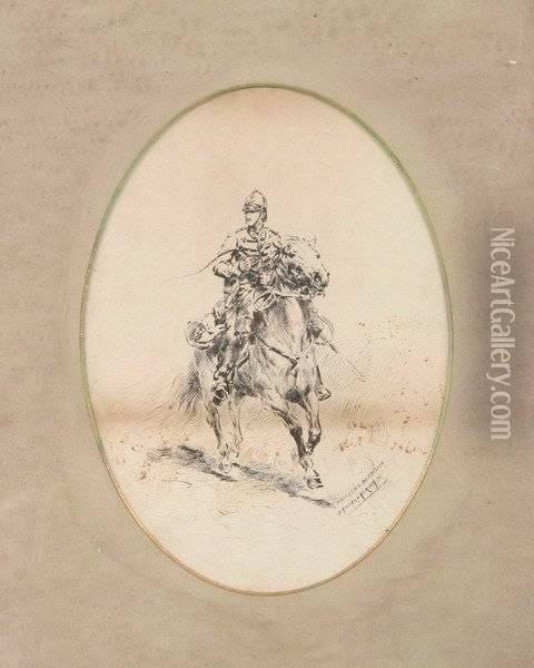 Military Man On Horseback Oil Painting - Jean Baptiste Edouard Detaille
