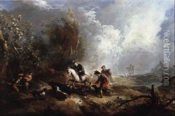 A Boar Hunt In A Wooded Landscape Oil Painting - Joseph Francois Ignace Parrocel