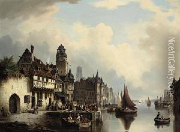 A Bustling Quayside Oil Painting - Ludwig Herrmann