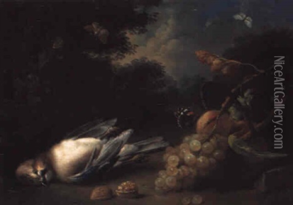 A Dead Jay, A Basket With Peaches And Grapes And A Walnut In A Landscape Oil Painting - Johann Baptist Drechsler