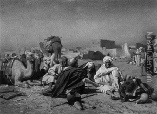 Arabs Seated With Camels In Town Square Oil Painting - Carl Leopold Mueller
