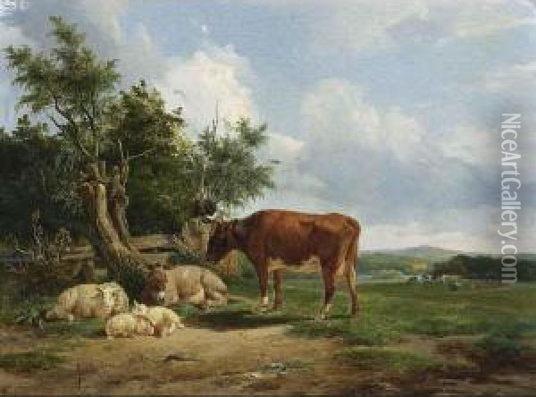An Extensive Landcape With Cattle Resting Oil Painting - Simon Van Den Berg