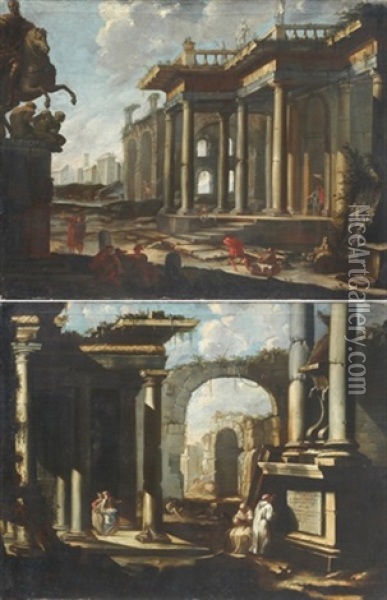 Monaci Presso Una Tomba (+ Rovine Presso Un Monumento Equestre; Pair) Oil Painting - Giovanni Paolo Panini