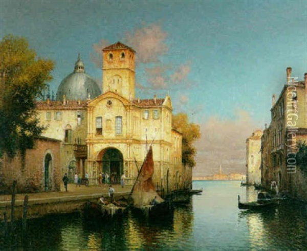 A Venetian Canal Scene With Fishing Smacks Moored To The Quay In The Foreground And Figures By A Church Beyond Oil Painting - Robert Vallin
