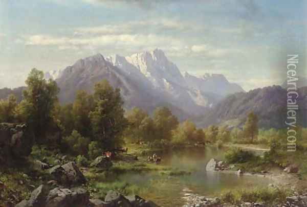 Mountain Landscape with Cattle Watering by a Lake Oil Painting - Karl Millner