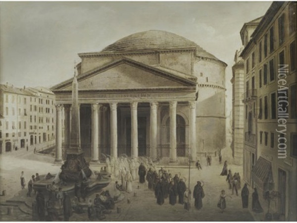 A Procession Passing The Pantheon, Rome Oil Painting - Joseph Langl