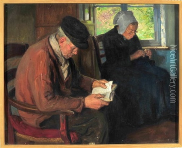 Alteres Ehepaar In Der Stube - Er Liest In Einem Kleinen Buch, Wahrend Sie In Die Hausarbeit Vertieft Ist Oil Painting - Imre Knopp