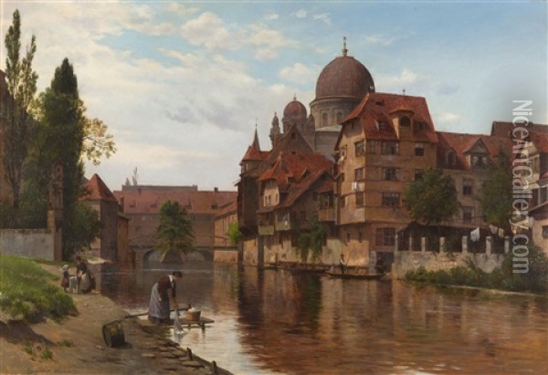 Blick Vom Pegnitzufer In Nurnberg Auf Die Synagoge Oil Painting - August Fischer