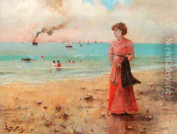 Jeune femme a l'ombrelle rouge au bord de la mer Oil Painting - Alfred Stevens