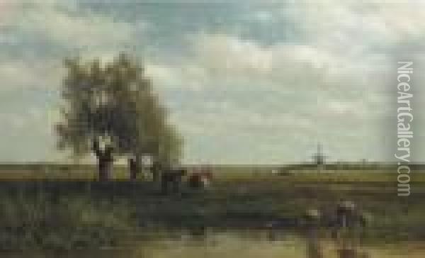 Cows By A Stream In A Polder Landscape Oil Painting - Willem Roelofs