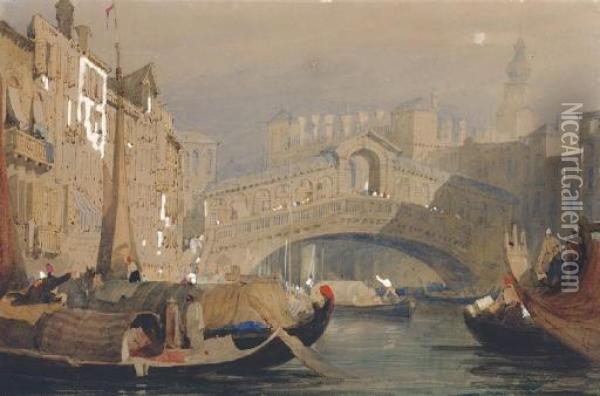The Rialto Bridge, Venice; And View Of Basle Oil Painting - Samuel Prout