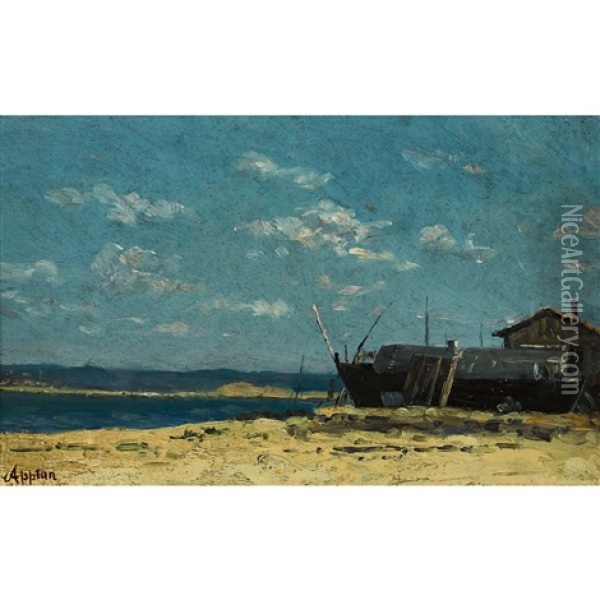 Strandpartie Mit Boot Und Haus Oil Painting - Adolphe Appian
