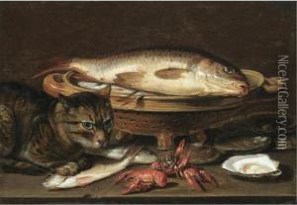 A Still Life With Fish In A 
Ceramic Colander, Oysters, Langoustines, Mackerel And A Cat On The Ledge
 Beneath Oil Painting - Clara Peeters