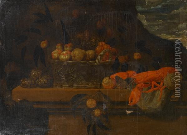 Lobster, Pineapples And A Woven Basket Filledwith Pears, Apples And Grapes, On A Stone Ledge Oil Painting - Francisco Barrera