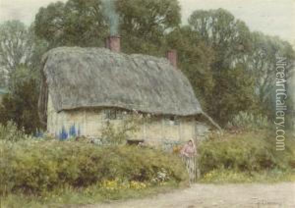A Young Girl Outside A Cottage In Hagbourne, Berkshire Oil Painting - Helen Mary Elizabeth Allingham