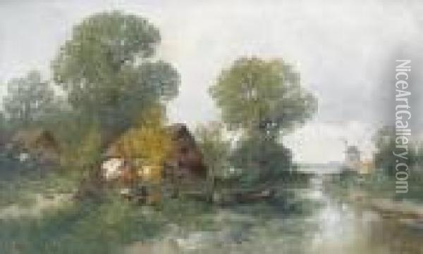 Flusspartie Mit Huhnern, Bauernhausern Und Windmuhle. Oil Painting - Adolf Kaufmann