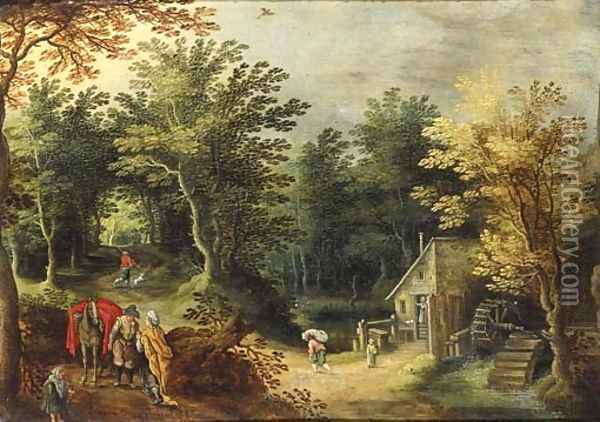 A gipsy woman and a traveller on a road by a watermill Oil Painting - Maerten Ryckaert