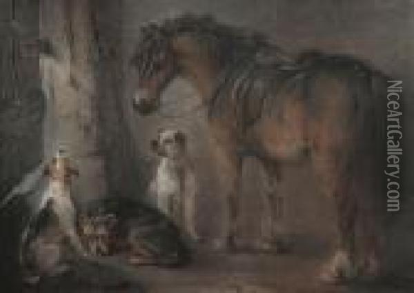Three Dogs And A Chestnut Pony In A Stable Oil Painting - Edward Robert Smythe