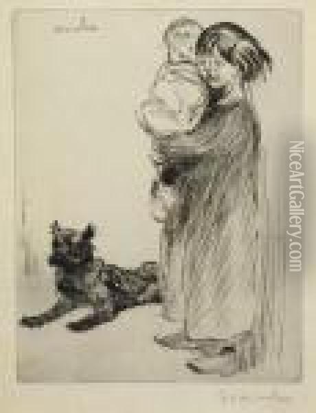 Girl With Baby And Dog Oil Painting - Theophile Alexandre Steinlen