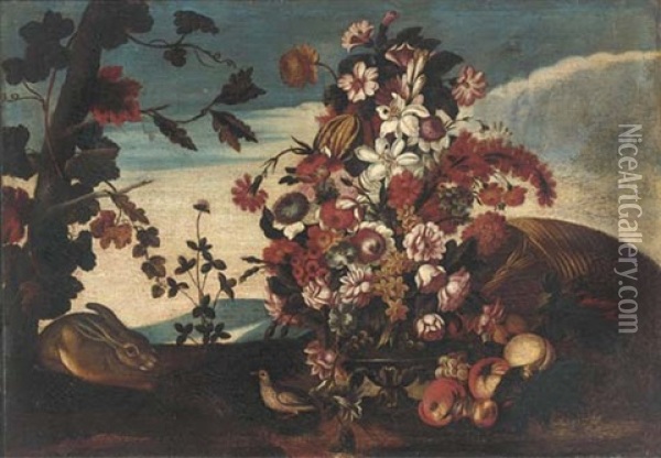A Landscape With A Vase Of Mixed Flowers, A Rabbit And A Bird In A Clearing Oil Painting - Baldassare De Caro