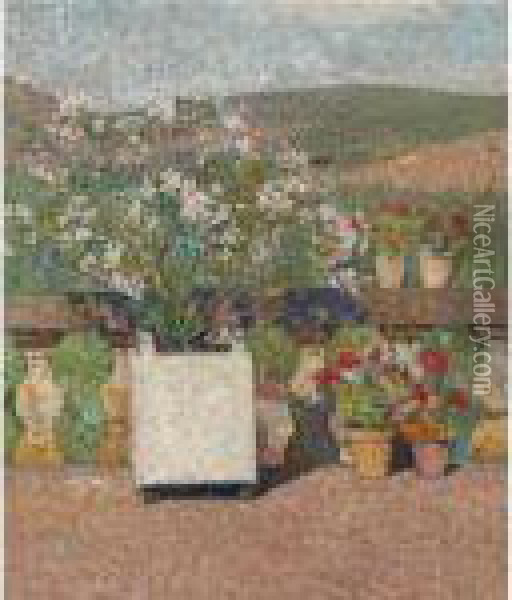Bac De Lauriers-roses Et Pots De Geraniums Sur La Terrasse Demarquayrol En Ete Oil Painting - Henri Martin