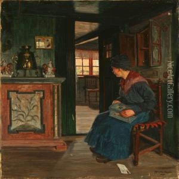 Interior With A Woman From Fanoe Island, Denmark Oil Painting - Robert Panitzsch