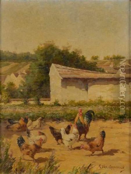 Les Poules Oil Painting - Edmond Van Coppenolle