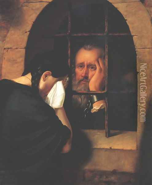 Janos Jablonczai Pethes Says goodbye to his Daughter at the Window of the Dungeon at Leopoldvar in 1674 Oil Painting - Balint Kiss