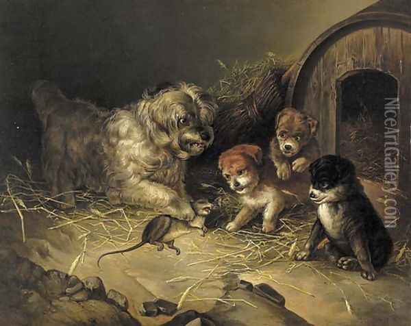 Rat wit a Dog and Three Puppies Oil Painting - Aleksander Stankiewicz