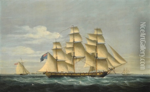A British Frigate And An Armed Cutter, Patrolling Off The French Coast Oil Painting - Thomas Whitcombe