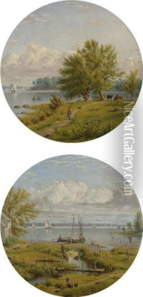 View Across The Hudson To New York: A Pair Of Paintings Oil Painting - William Rickarby Miller