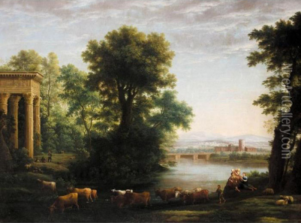 A Pastoral Landscape With Drovers And Cattle Fording A River Before A Classical Portico Oil Painting - Claude Lorrain (Gellee)