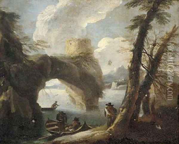 A coastal landscape with figures in boats by a rocky outcrop Oil Painting - Pieter the Younger Mulier