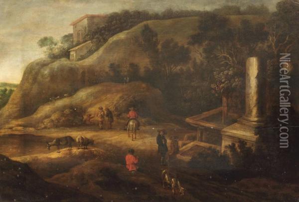 A Hilly Landscape With Figures On A Track Near Ancient Ruins Oil Painting - Charles-Cornelisz de Hooch