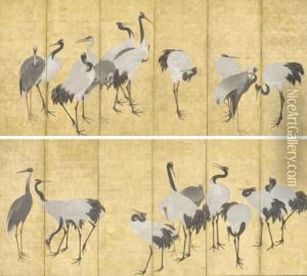 Cranes Oil Painting - Okyo Maruyama