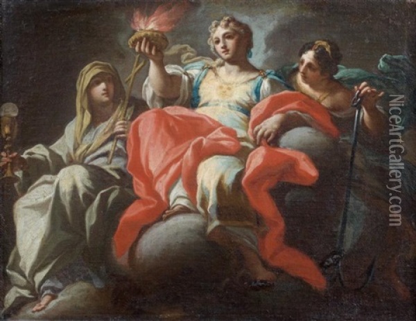 Allegories De La Foi, L'espoir Et La Charite Oil Painting - Sebastiano Conca