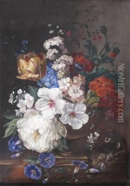 Still Life Of Roses And Tulips In A Vase With A Bird's Nest On A Ledge Oil Painting - J.V. Bailey