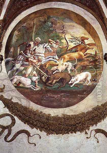 Scene showing that those born under the sign of Cancer in conjunction with the constellation of Mars will be skilled in hunting and fishing, symbolised by a scene of a hunt, from the Camera dei Venti, 1528 Oil Painting - Giulio Romano (Orbetto)