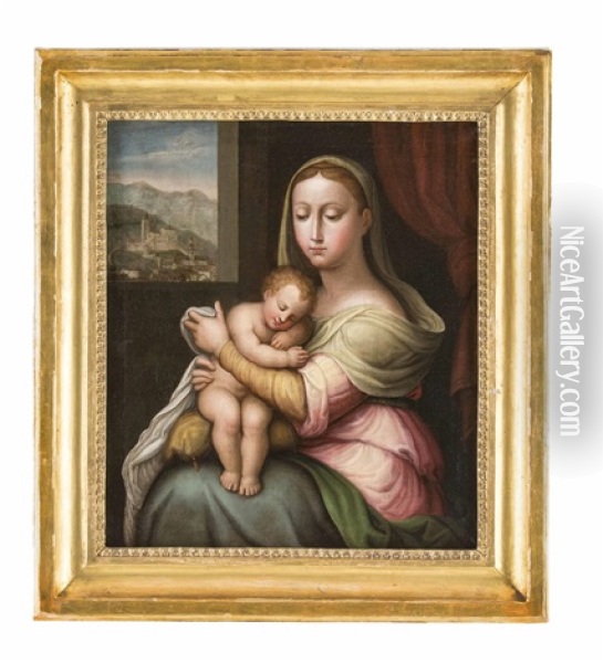 Madonna Mit Schlafendem Jesuskind Und Landschaftsausblick Auf Eine Sudtiroler Burg Oil Painting - Michael Kachler