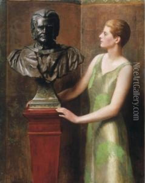 Woman, With A Male Bust Oil Painting - John Maler Collier