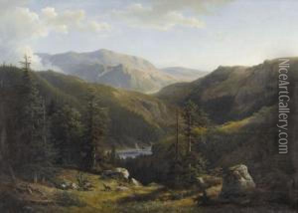 Berglandschaft Mit Jagern Und Erlegtem Hirsch Oil Painting - John Robinson Tait