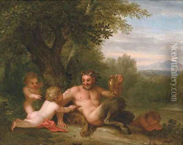 A wooded landscape with a satyr and two putti Oil Painting - Filippo Lauri