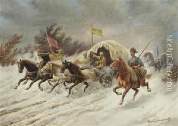 Cossack Riding In Snow Oil Painting - Adolf Baumgartner