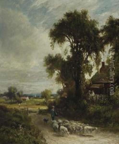 Shepherd And Sheep In Landscape Oil Painting - Dewitt Clinton Boutelle