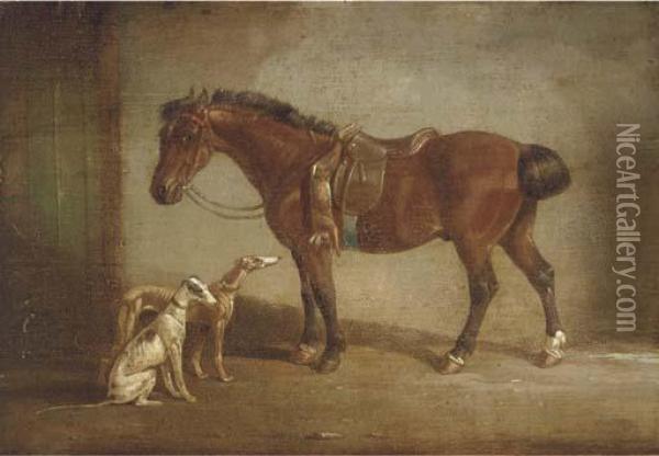 A Saddled Pony With Two Hounds Oil Painting - Henry S. Cottrell